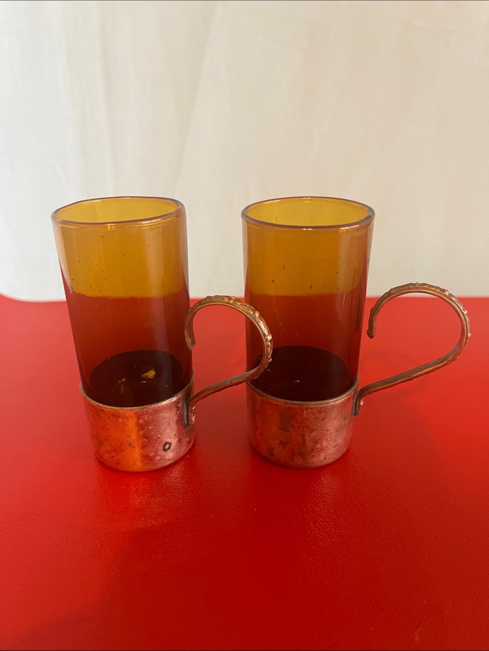 VTG Set of 2 Turkish Coffee Copper &  Amber Glass Espresso Cups 3.12”H  1.5”D
